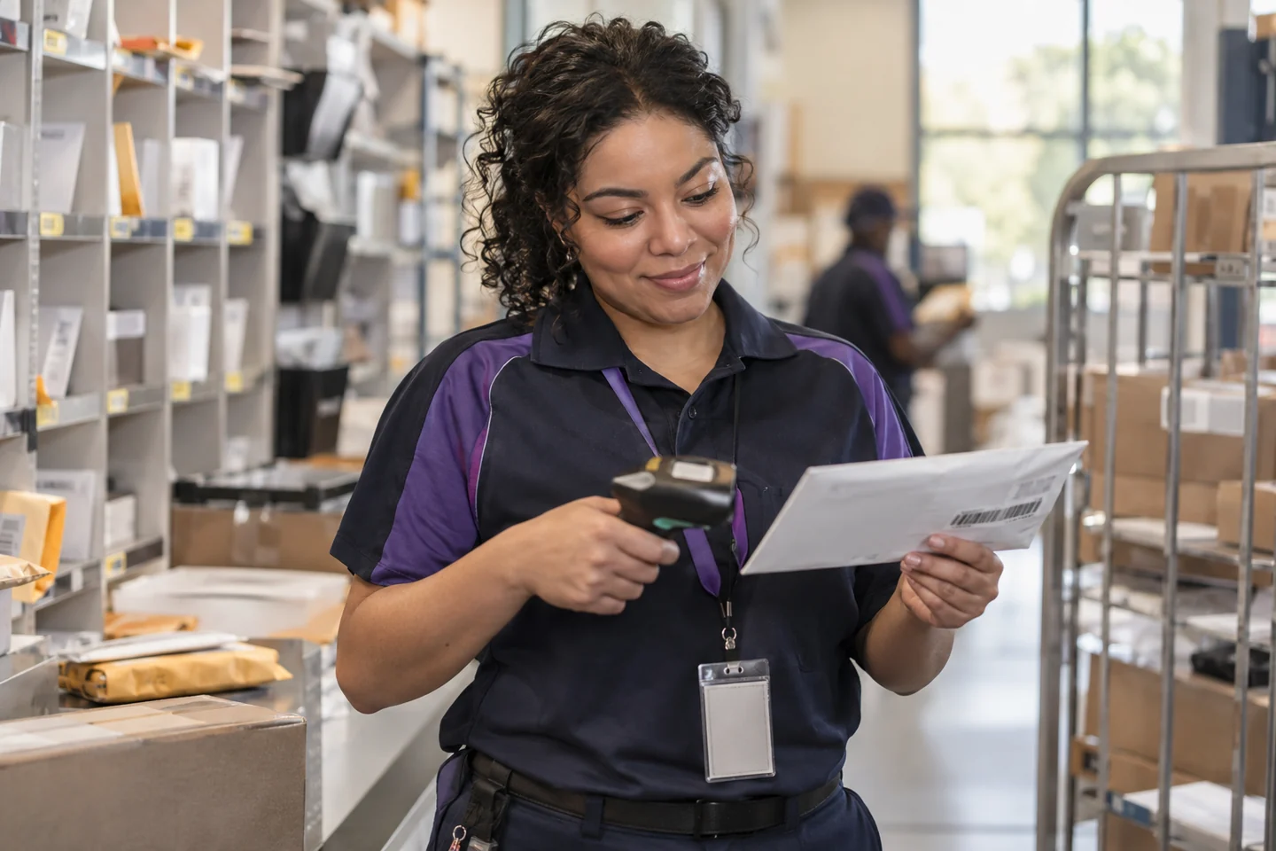 Mail center specialist carefully scanning a sealed business envelope