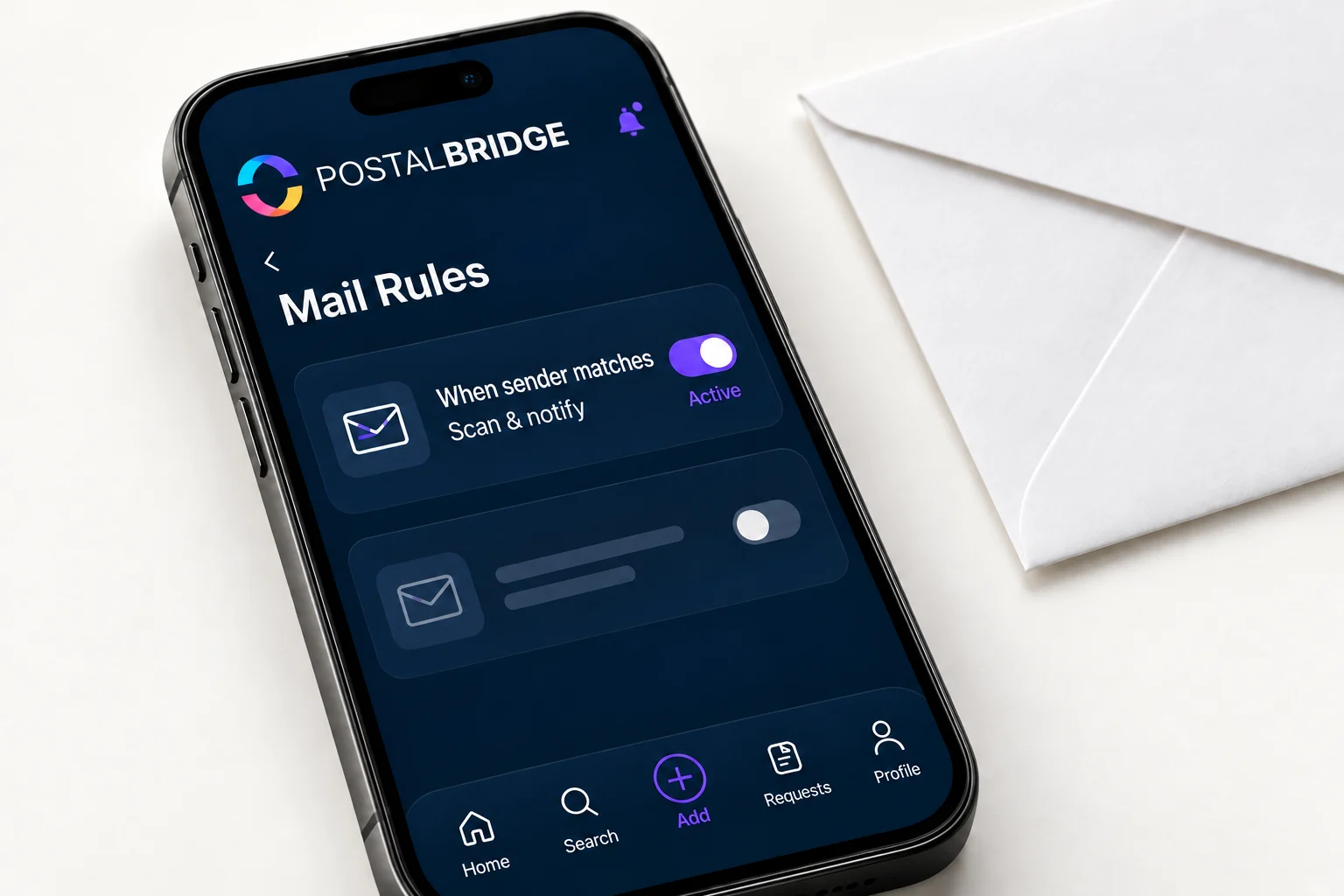PostalBridge phone mockup showing an active Mail Rule to scan and notify when a sender matches