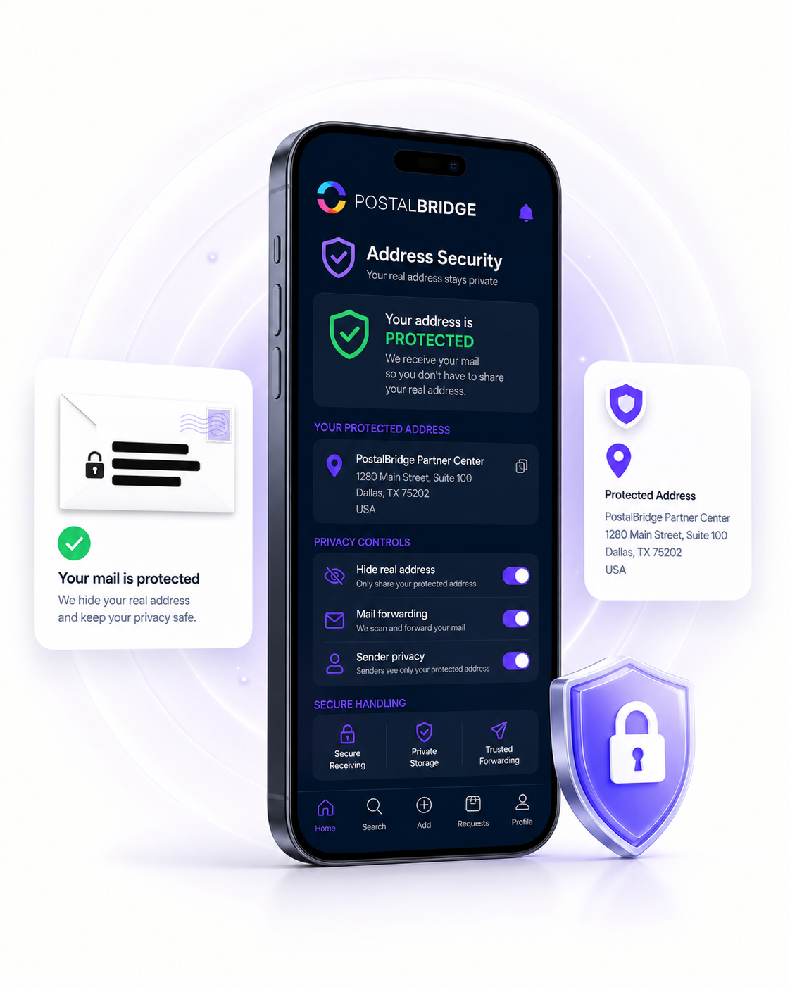 PostalBridge online mailbox dashboard and private mailing address preview