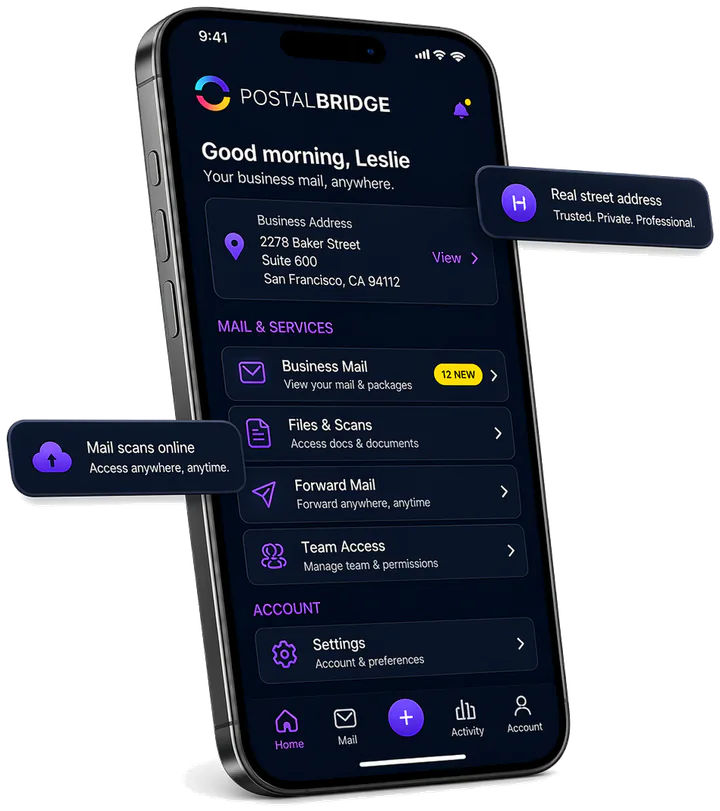 PostalBridge mobile mailbox showing a business address, new mail, scans, forwarding, and team access