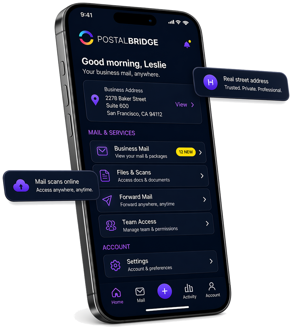 PostalBridge mobile app showing a real street address, business mail, scans, forwarding, and team access