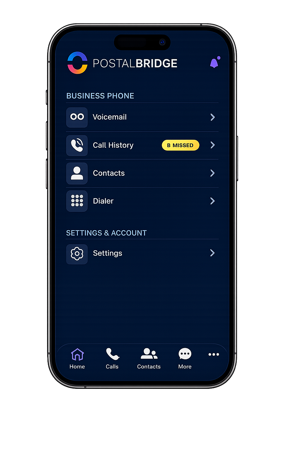 PostalBridge business phone app preview on a smartphone
